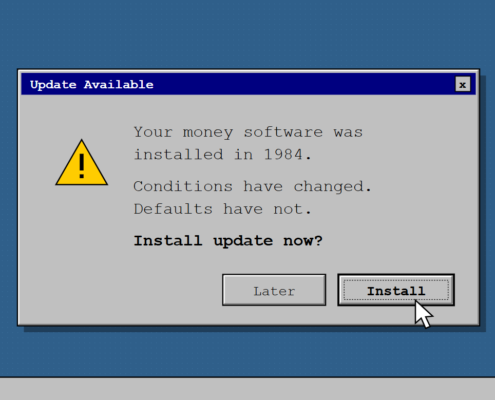Retro computer dialog box reading "Your money software was installed in 1984. Install update now?" with Later and Install buttons.